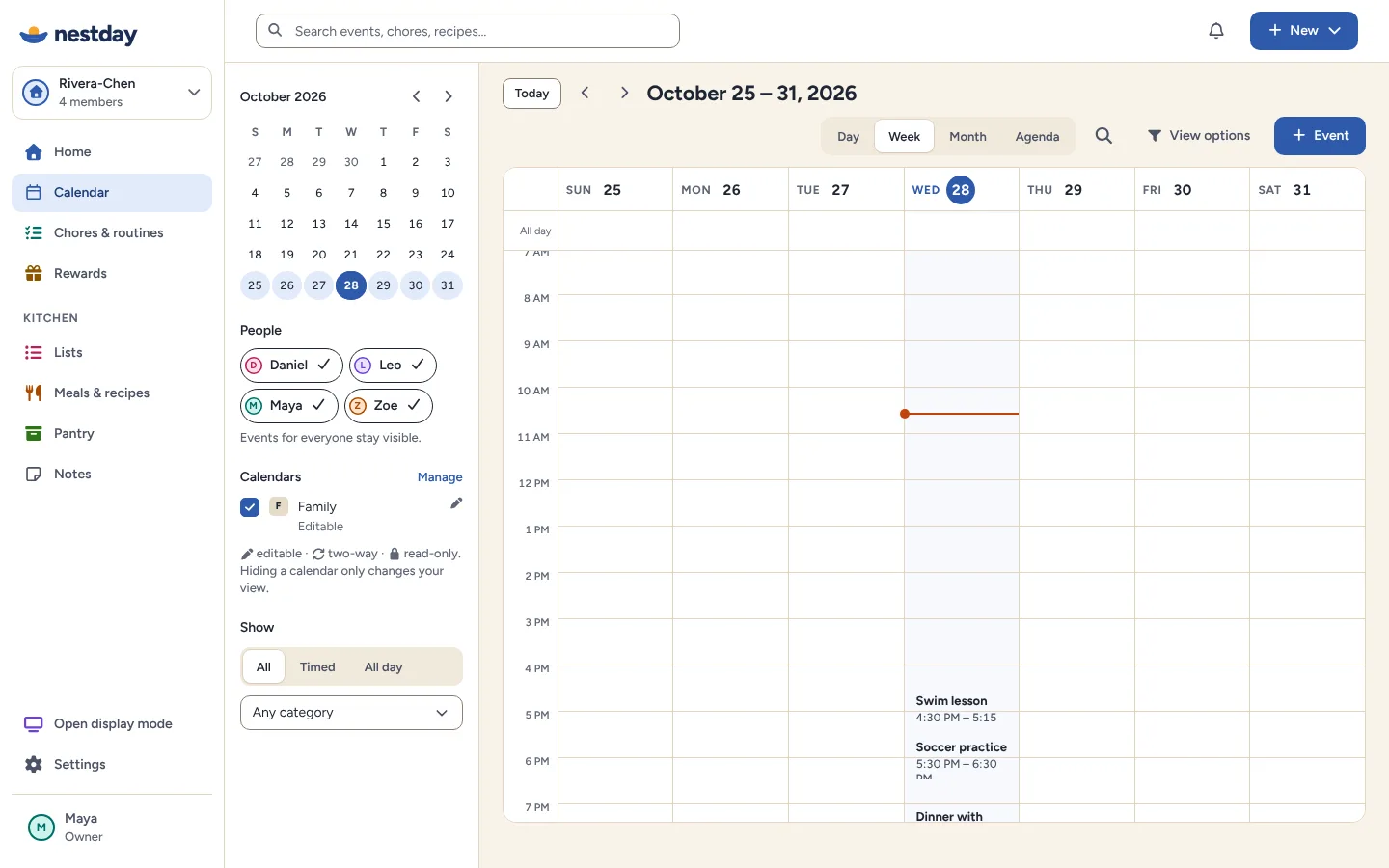 Week calendar with the family's events for the day, each with its time and calendar.