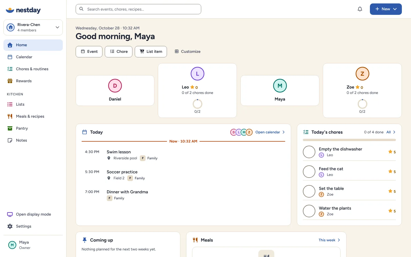 Home on a laptop: each person's chores and progress, today's events with a now line, and buttons to add an event, chore or list item.
