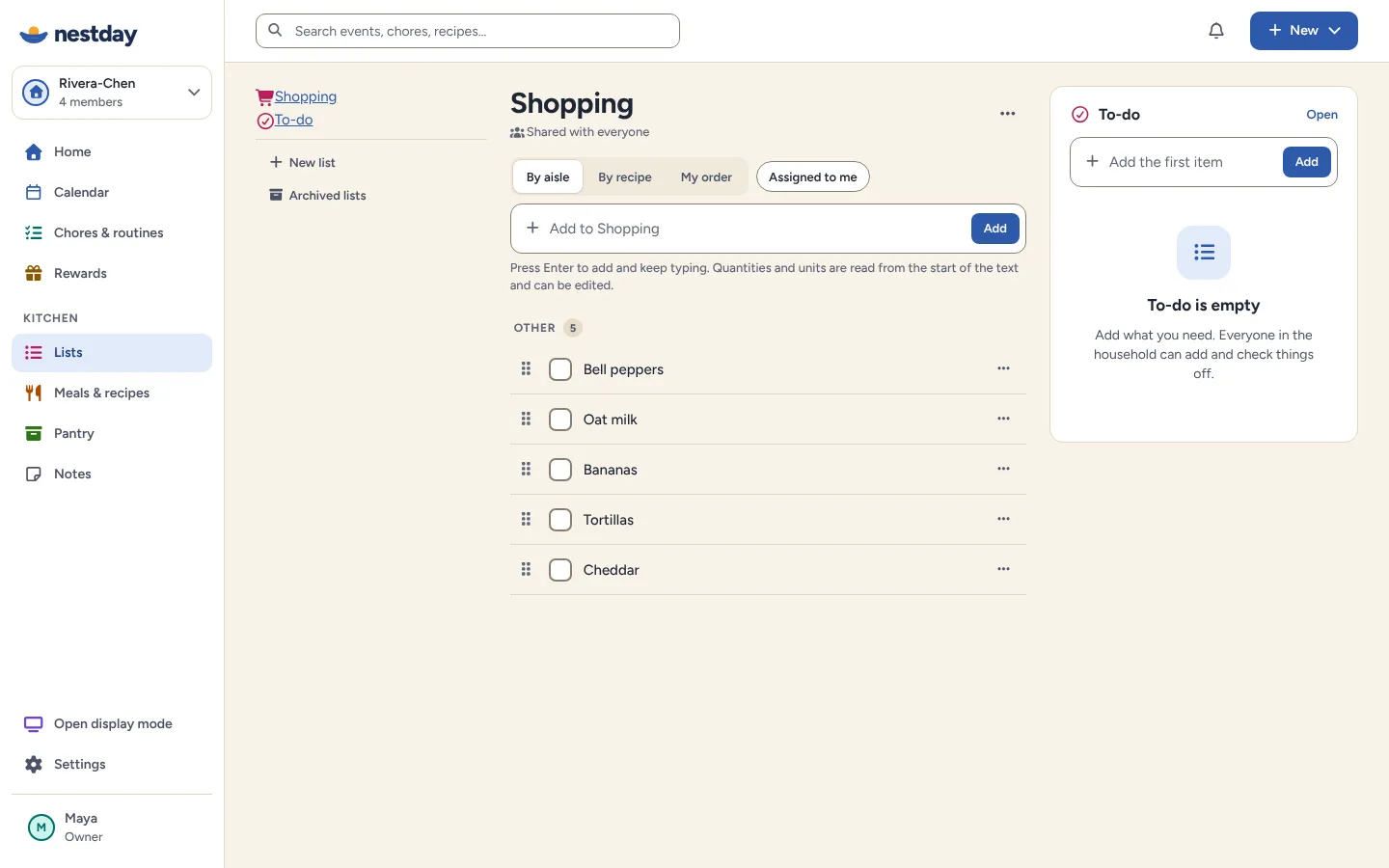 The shared shopping list, with a box to add items and a check button for each one.