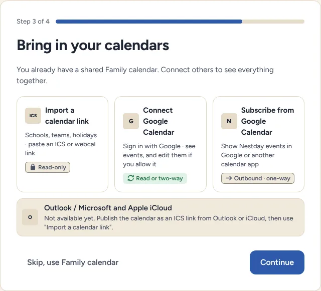 Setup step: ways to bring in calendars, each labelled read-only, two-way or one-way.