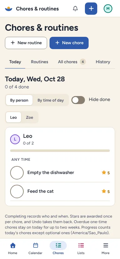 Chores on a phone: each child's chores for today with check buttons and stars.
