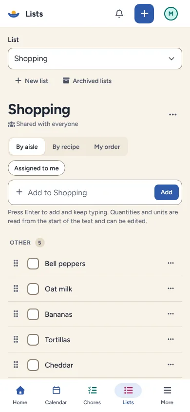 Shared shopping list on a phone.