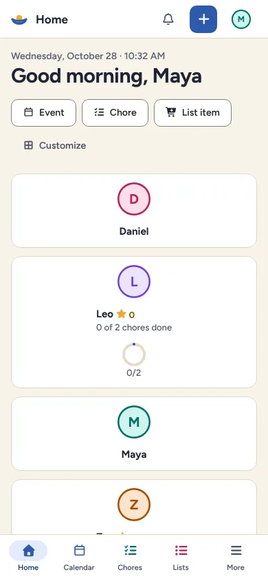Home on a phone: a greeting, quick add buttons and each family member's chores.