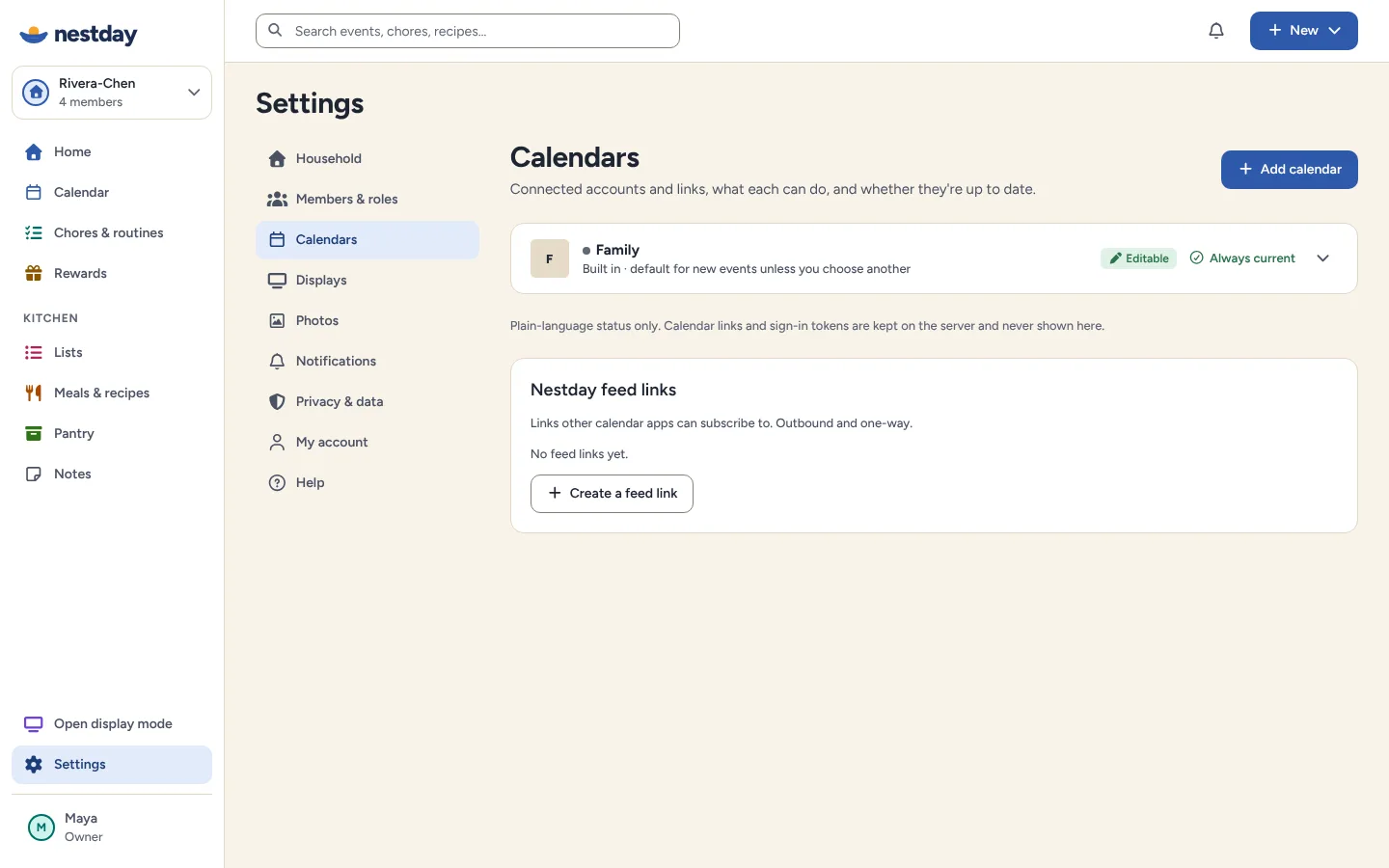 Calendar settings listing each calendar with its source and whether it can be edited.